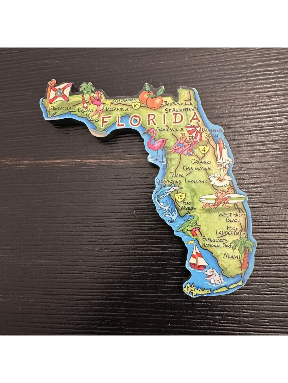 Florida State Map PVC Rubber Souvenir Travel Magnet Oranges Dolphins EUC